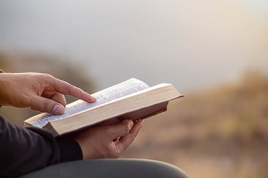 young man pointing to a bible topic and read the Bible on Sundays to receive the blessings of God. photo