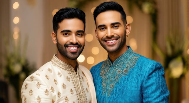 Traditional cultural celebration with young south asian men in ornate attire photo