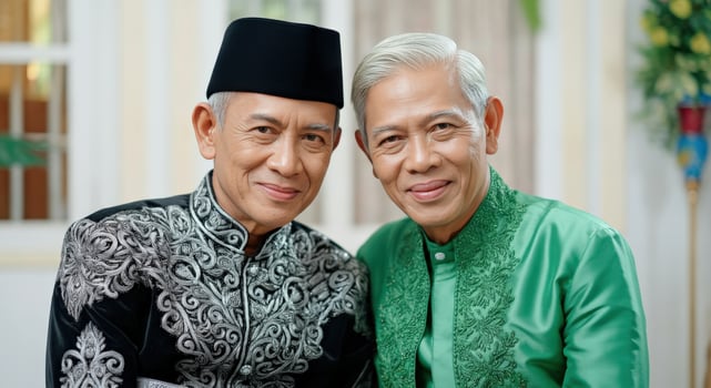 Elderly asian men in traditional attire embracing cultural heritage with joyful expressions photo