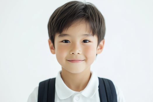A young boy wearing a backpack and smiling photo