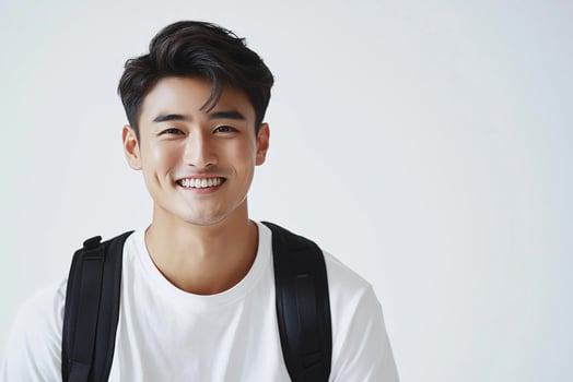 A young man with a backpack smiling photo