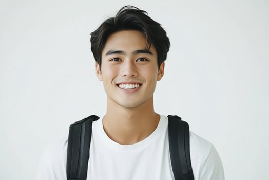 A young man with a backpack smiling photo