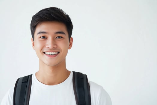 A young man with a backpack smiling photo