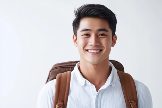 Asian male student with backpack smiling photo