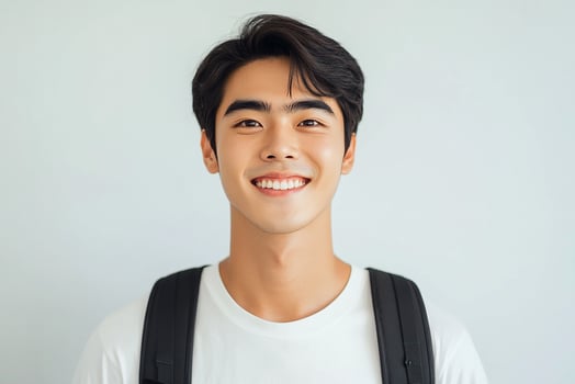 A young man with a backpack smiling photo