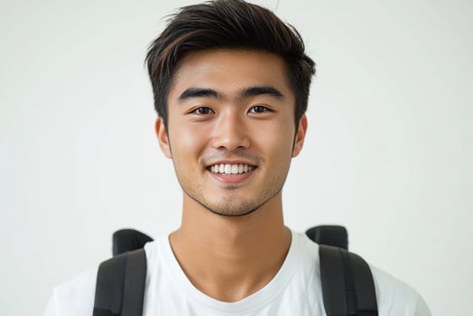 A young man with a backpack smiling photo