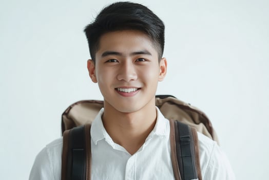 Asian young man with backpack smiling photo