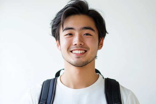 A young man with a backpack smiling photo