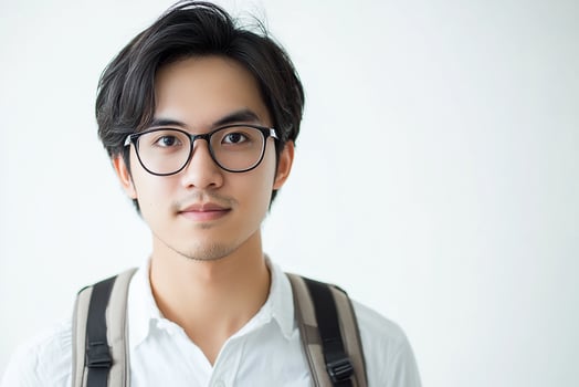A young man with glasses and a backpack photo
