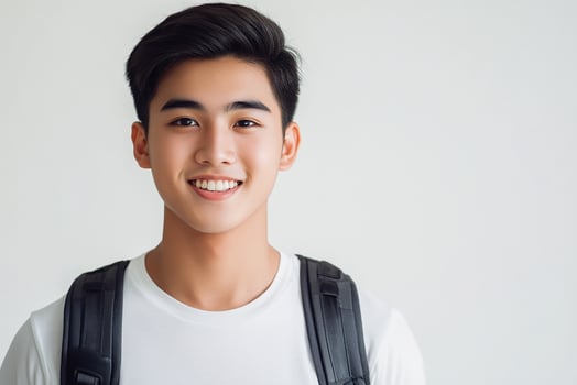 Asian male student with backpack smiling photo
