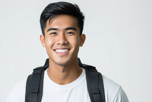 Asian male student smiling with backpack photo
