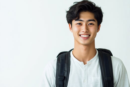 A young man with a backpack smiling photo