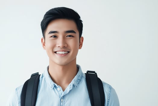 Asian male student with backpack smiling photo