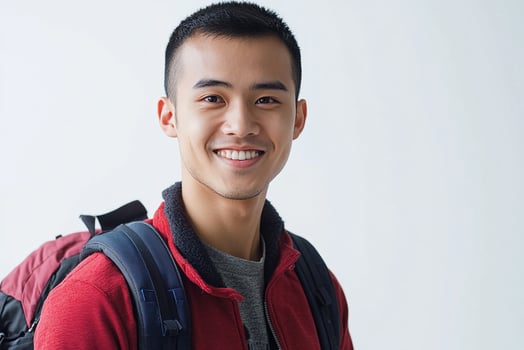 Asian male student with backpack smiling photo