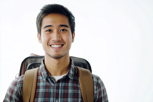 A young man with a backpack smiling photo