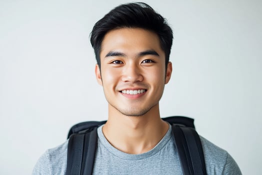 Asian male student with backpack smiling photo