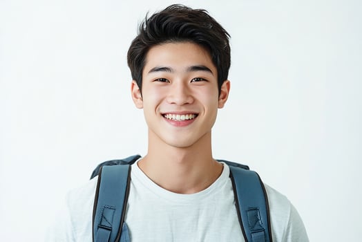 A young man with a backpack smiling photo