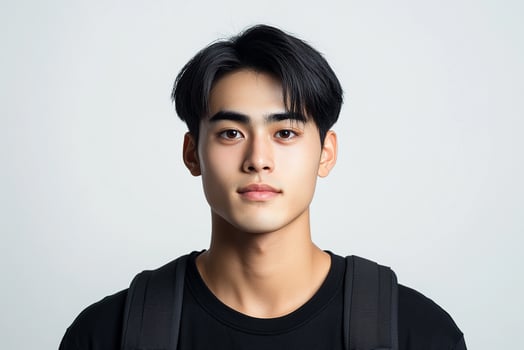 A young man with a black shirt and backpack photo