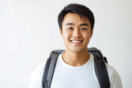 Asian male student with backpack smiling photo