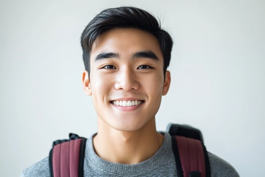 A young man with a backpack smiling photo