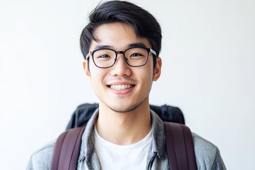 Asian male student wearing glasses and backpack photo