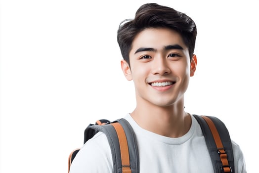 A young man with a backpack smiling photo