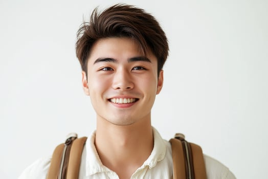 A young man with a backpack smiling photo