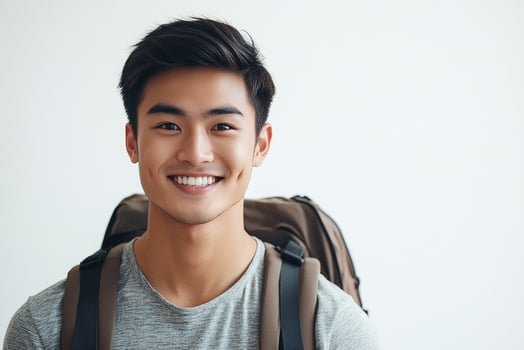 Asian young man with backpack smiling photo