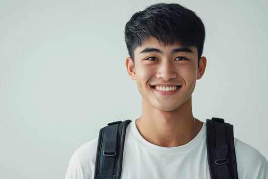 Asian young man with backpack smiling photo