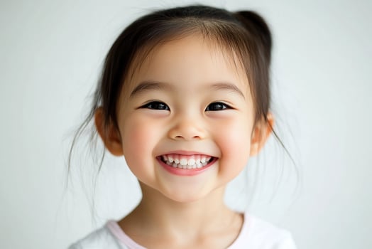 A little girl smiles while standing in front of a white background photo