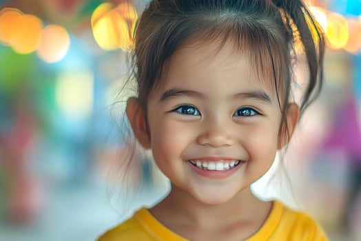A little girl with blue eyes smiles at the camera photo