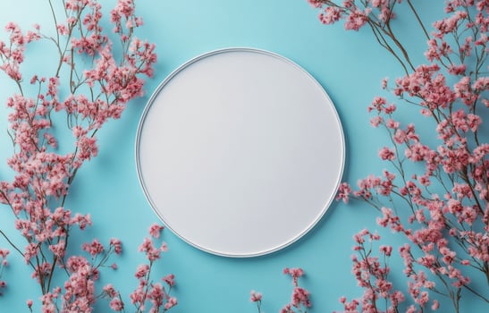 A round mirror on a blue background with pink flowers photo
