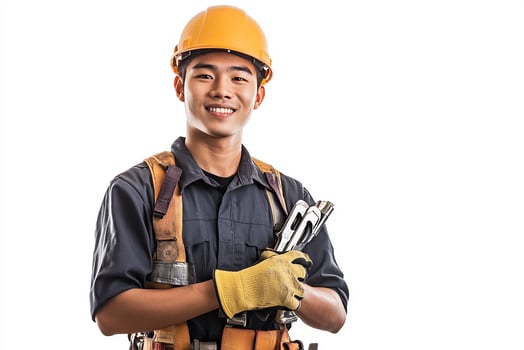 A young man in a hard hat holding a wrench photo