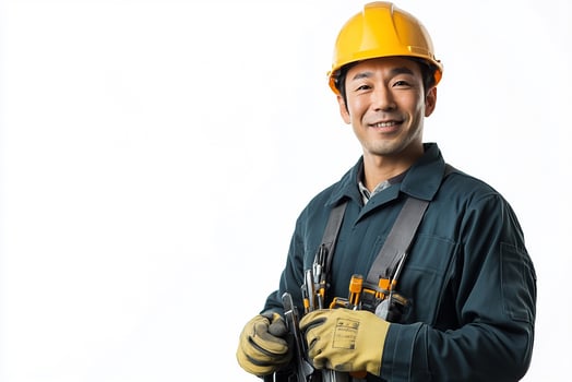 A man in a hard hat and overalls holding a wrench photo