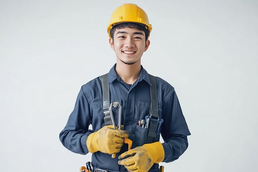 Asian male construction worker holding a wrench photo