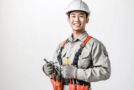 Asian male electrician holding tools and smiling photo