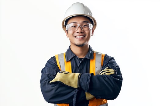 A man in a hard hat and safety glasses photo