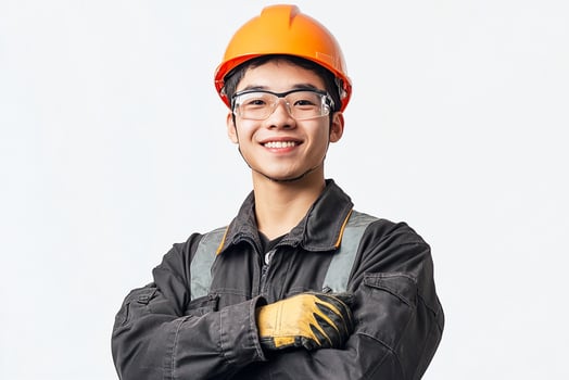 A young man in a hard hat and safety glasses photo