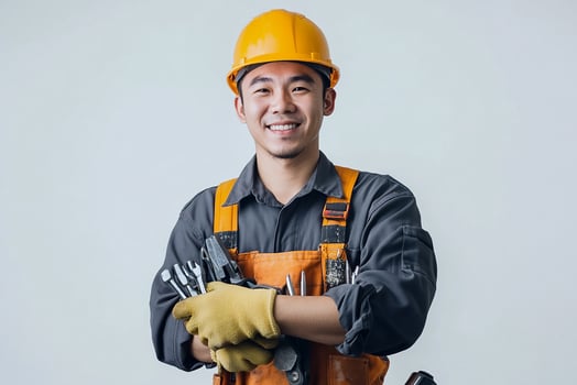 Asian male construction worker holding tools photo