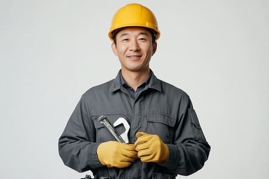 Asian male construction worker holding wrench photo