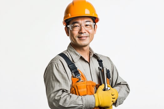 Asian male construction worker holding a wrench photo