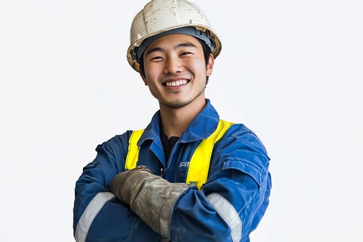 A smiling young man in a hard hat and safety vest photo