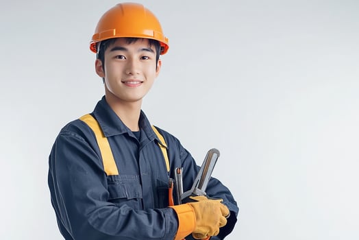Asian male construction worker holding a wrench photo
