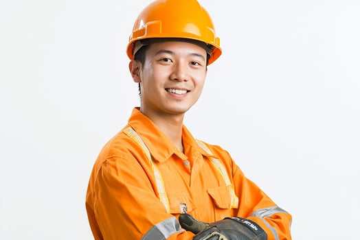 A man in an orange work uniform with his arms crossed photo