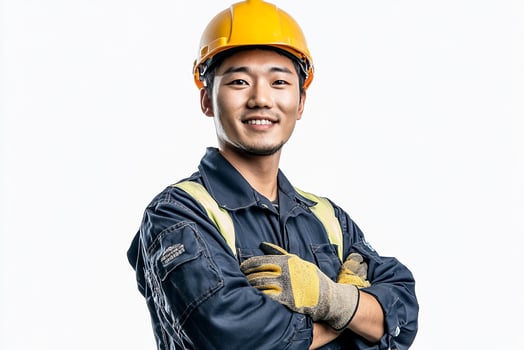 A young asian man in a hard hat and safety glasses photo