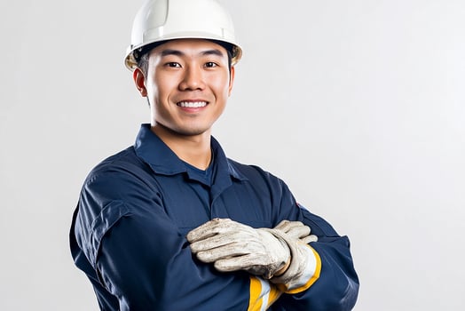 Asian man in hard hat and gloves photo