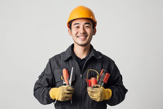 Asian male electrician holding tools and smiling photo