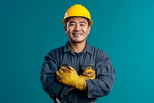 Asian man in hard hat and gloves standing in front of blue background photo