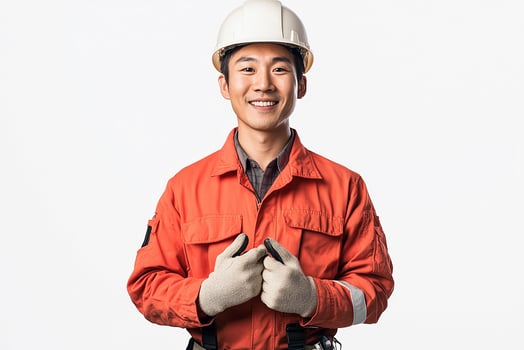 Asian male construction worker with his hands on his chest photo