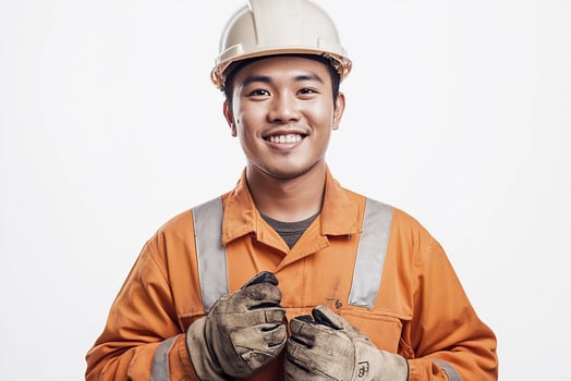 A man in an orange work uniform holding a pair of gloves photo